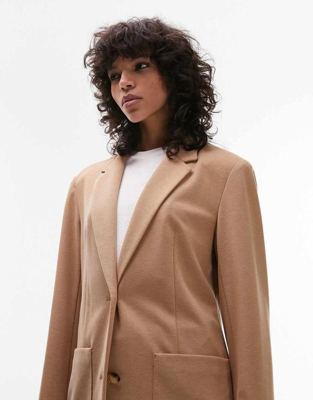 Topshop premium jersey straight blazer in camel  Product Image