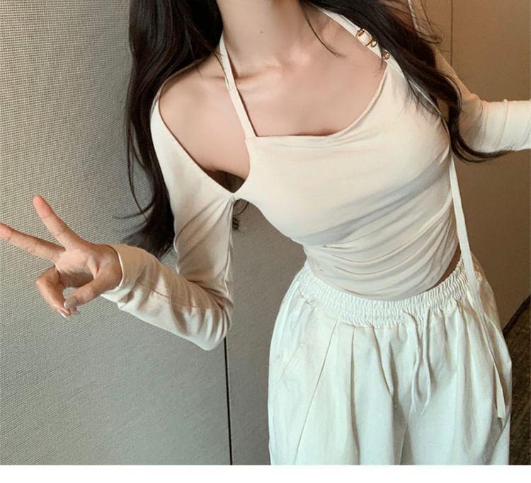 Long-Sleeve Halter Neck Mock Two-Piece Plain Ruched Slim Fit Crop Top Product Image