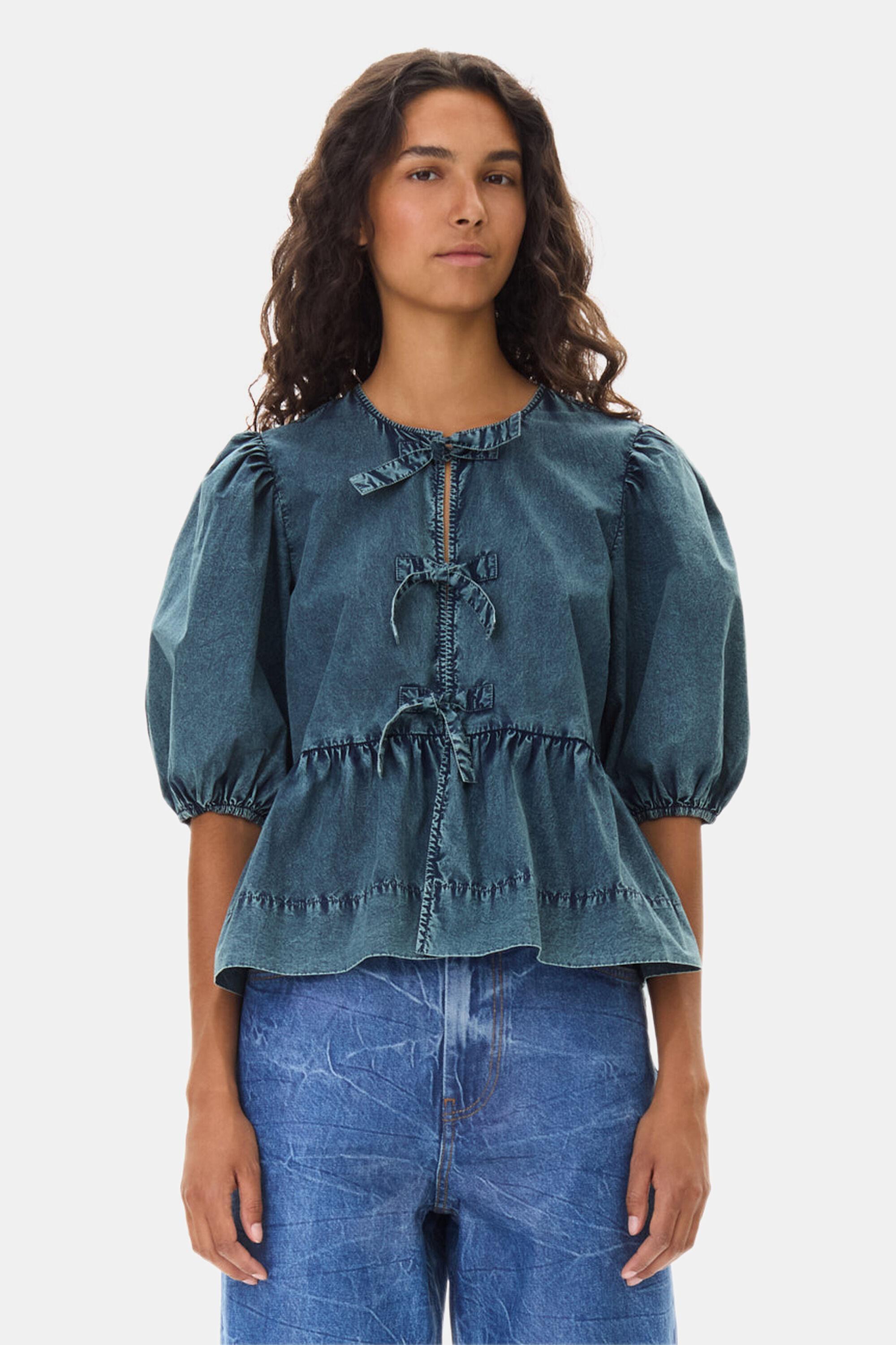 Blue Cotton Poplin Peplum Tie Blouse Product Image