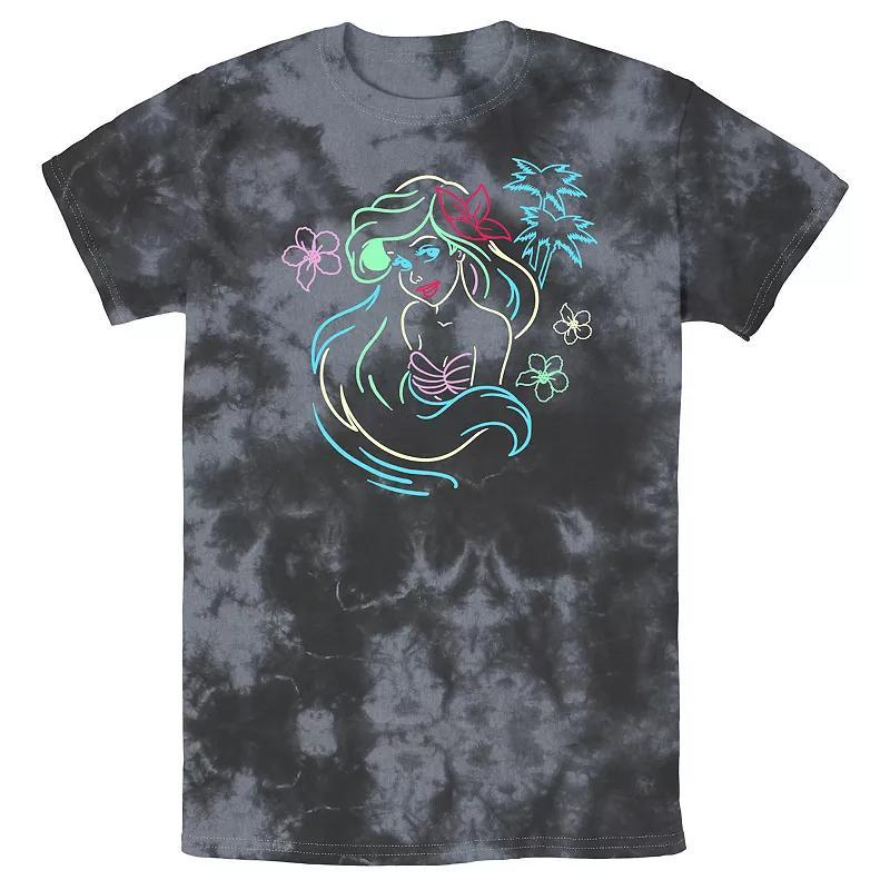 Mens Disney Little Mermaid Ariel Neon Lights Bomabrd Wash Tee Black Grey Product Image