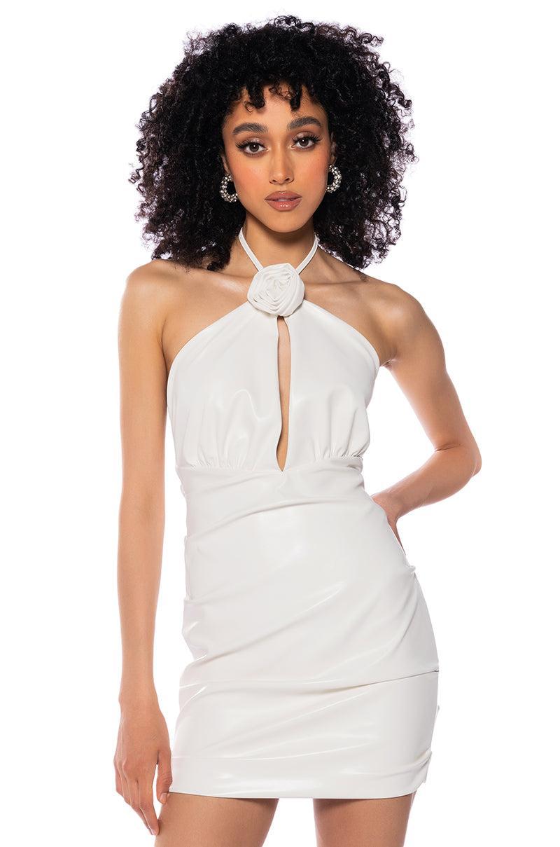 PEEKABOO RUCHED HALTER MINI DRESS IN WHITE Product Image