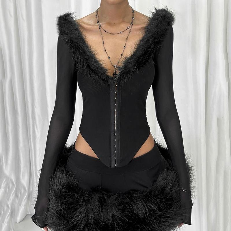 Long Sleeve V-Neck Furry-Trim Slim-Fit Top Product Image