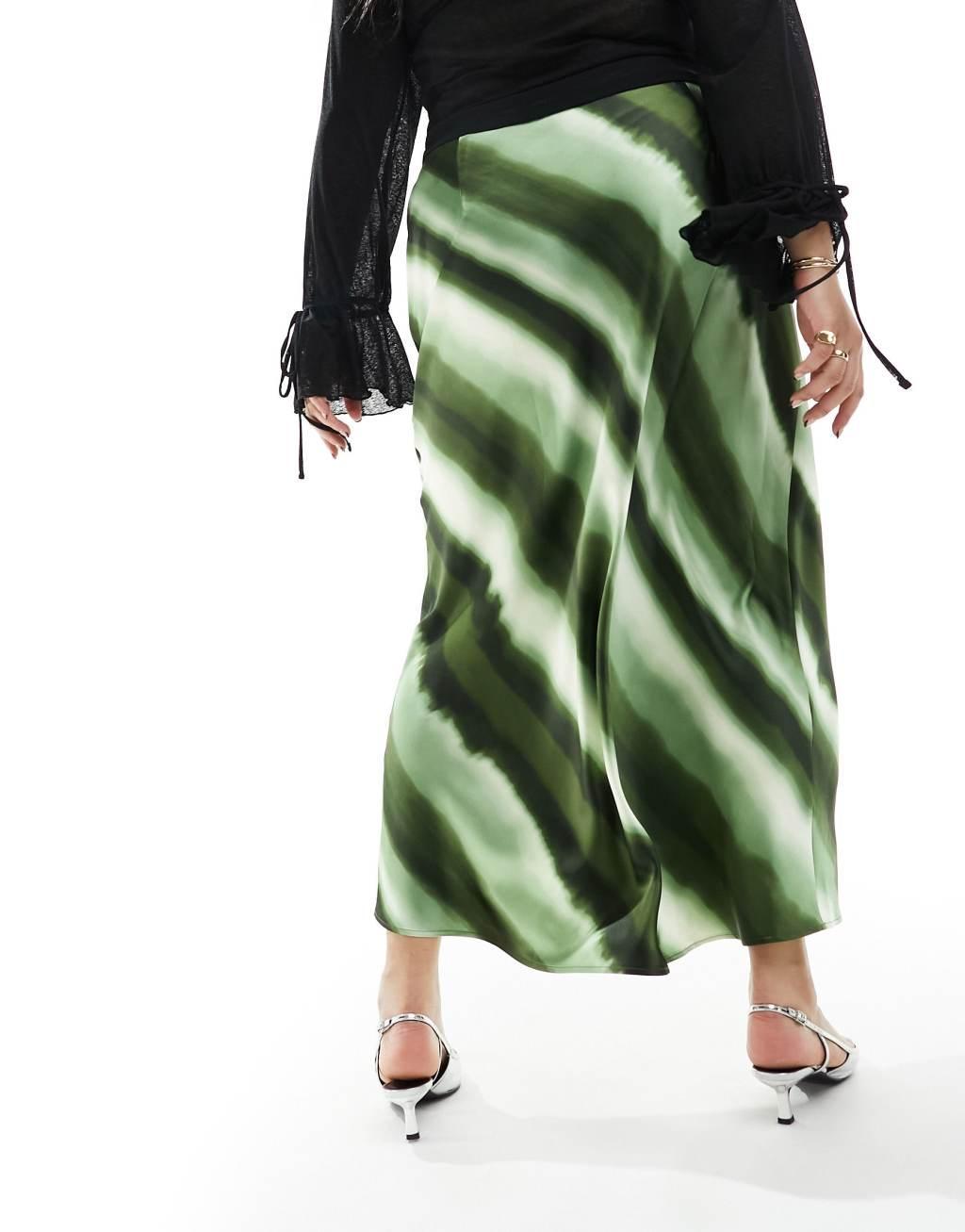 4th & Reckless Plus exclusive satin ombre stripe maxi skirt in green Product Image