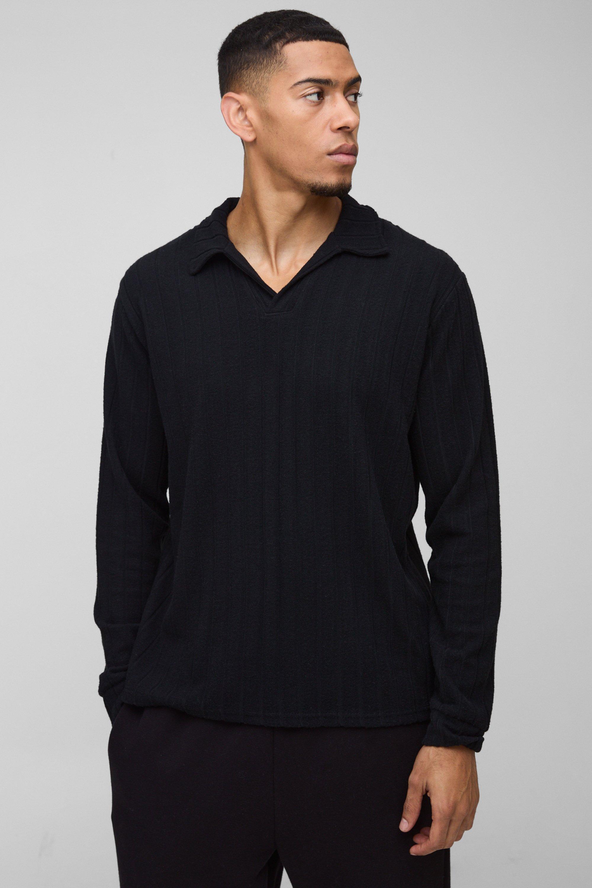 Brushed Wide Rib Revere Long Sleeve Polo | boohooMAN USA Product Image