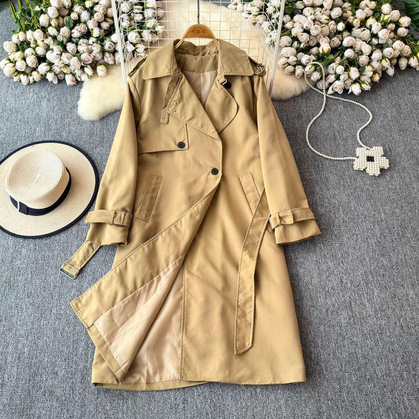 Double Breasted Plain Long Trench Coat Product Image