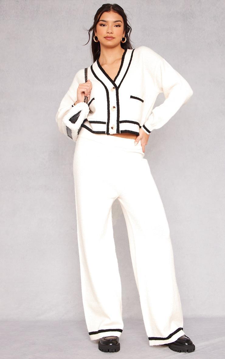 Cream Soft Knit Contrast Stripe Detail Wide Leg Pants Product Image