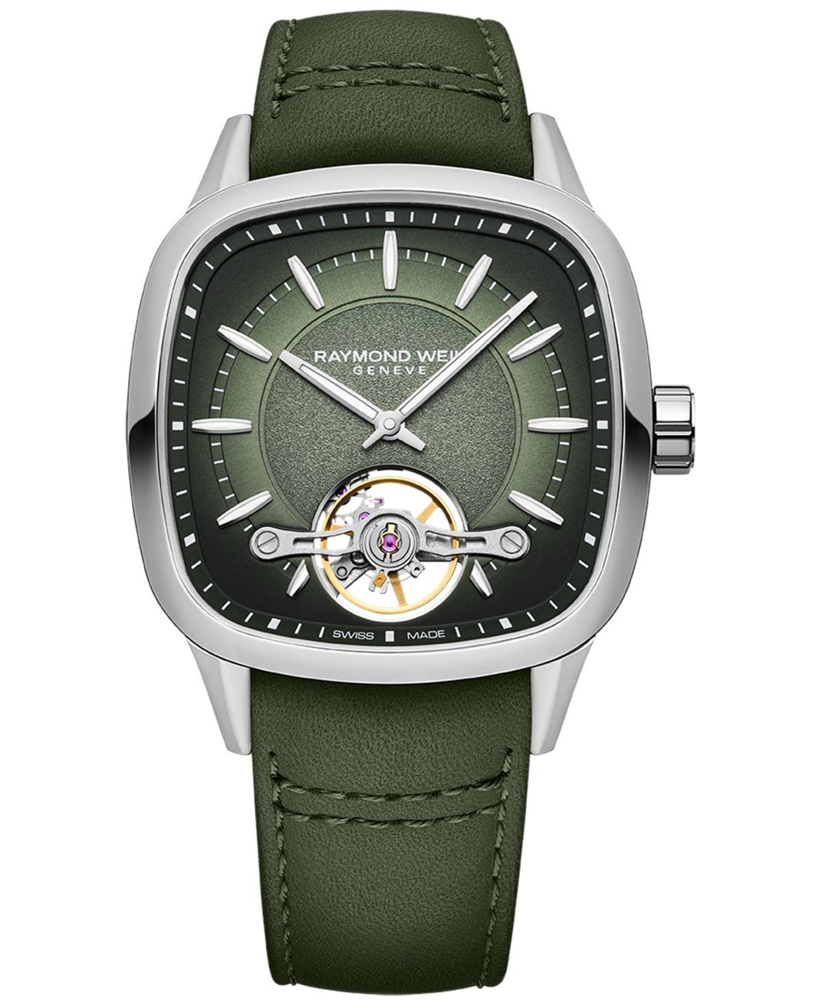 Raymond Weil Mens Swiss Automatic Freelancer Green Leather Strap Watch 40mm Product Image