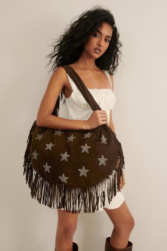 Faux Leather Star Studded Fringe Day Bag product image