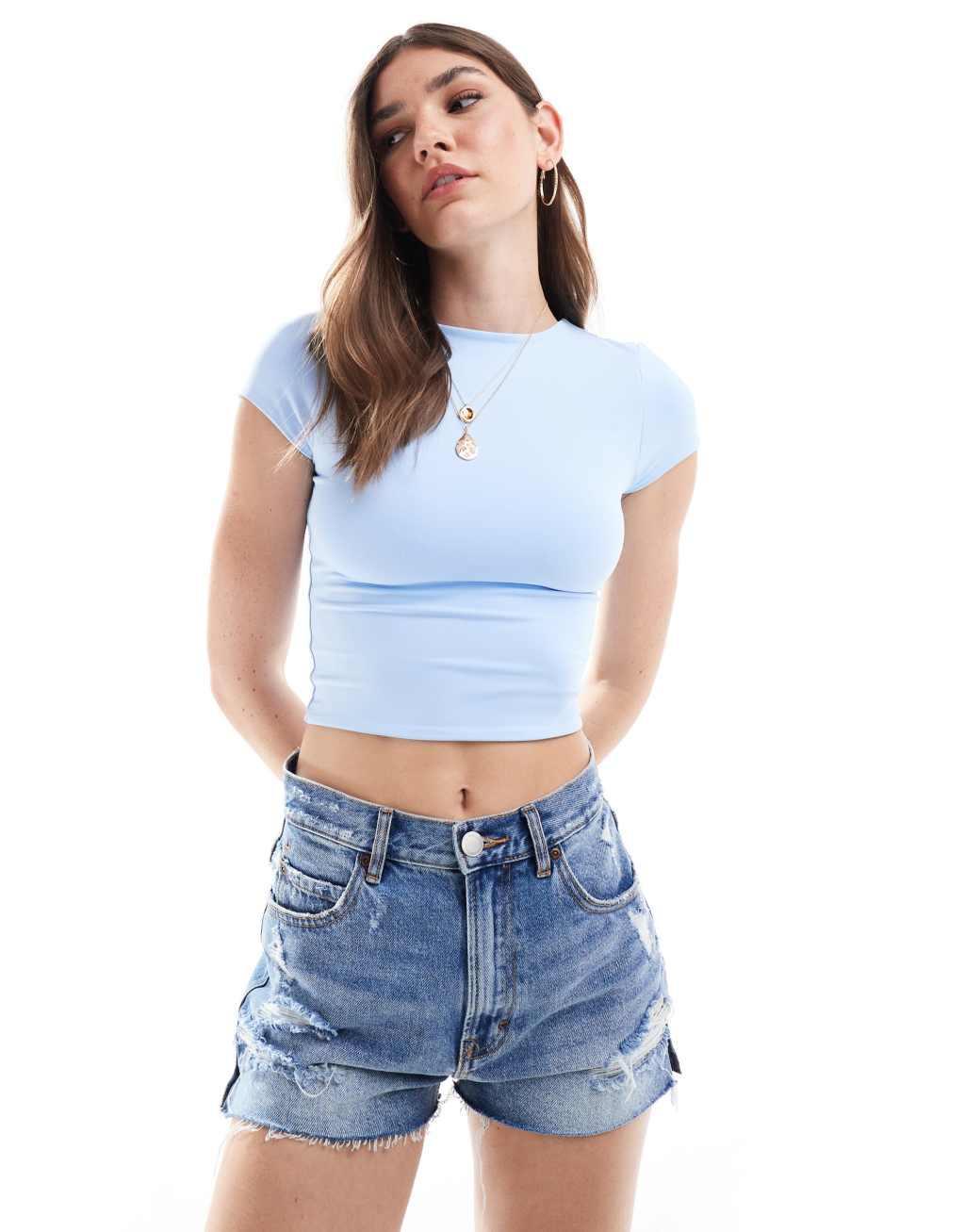 ASOS DESIGN double layer second skin short sleeve crop top in blue Product Image