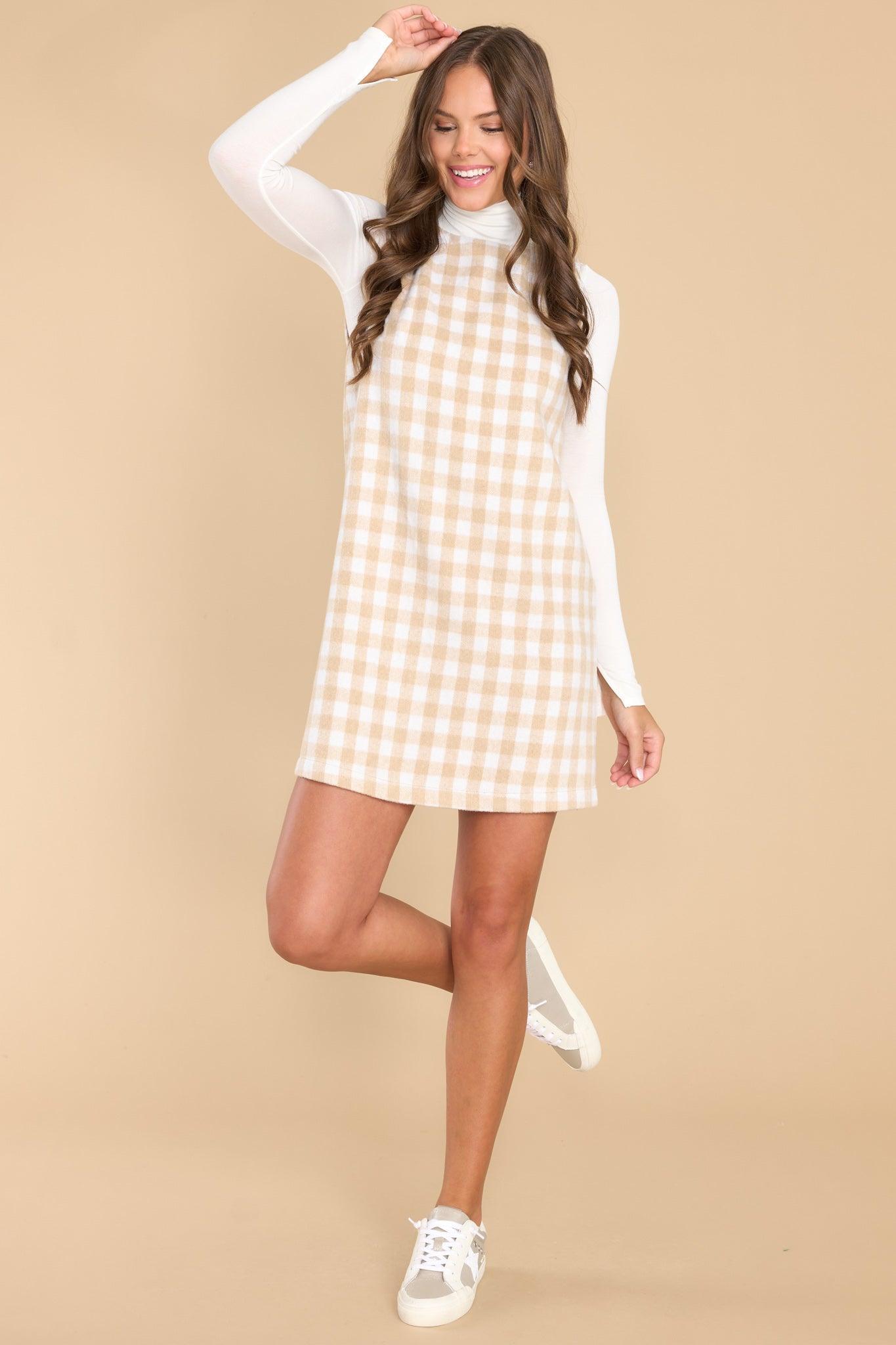 Aura Choosing Joy Beige Plaid Dress Product Image