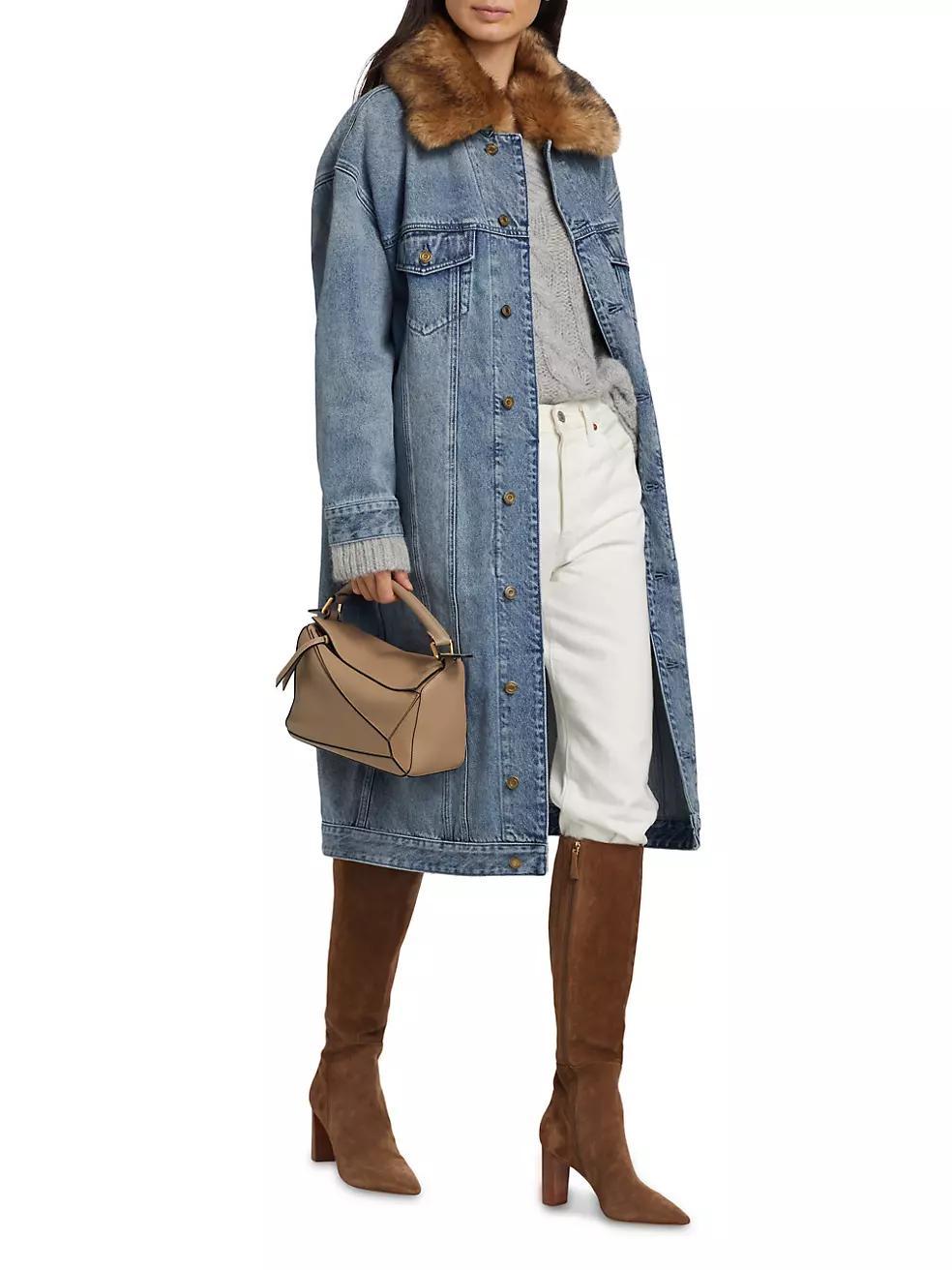 Faux Fur-Trimmed Oversized Denim Coat Product Image