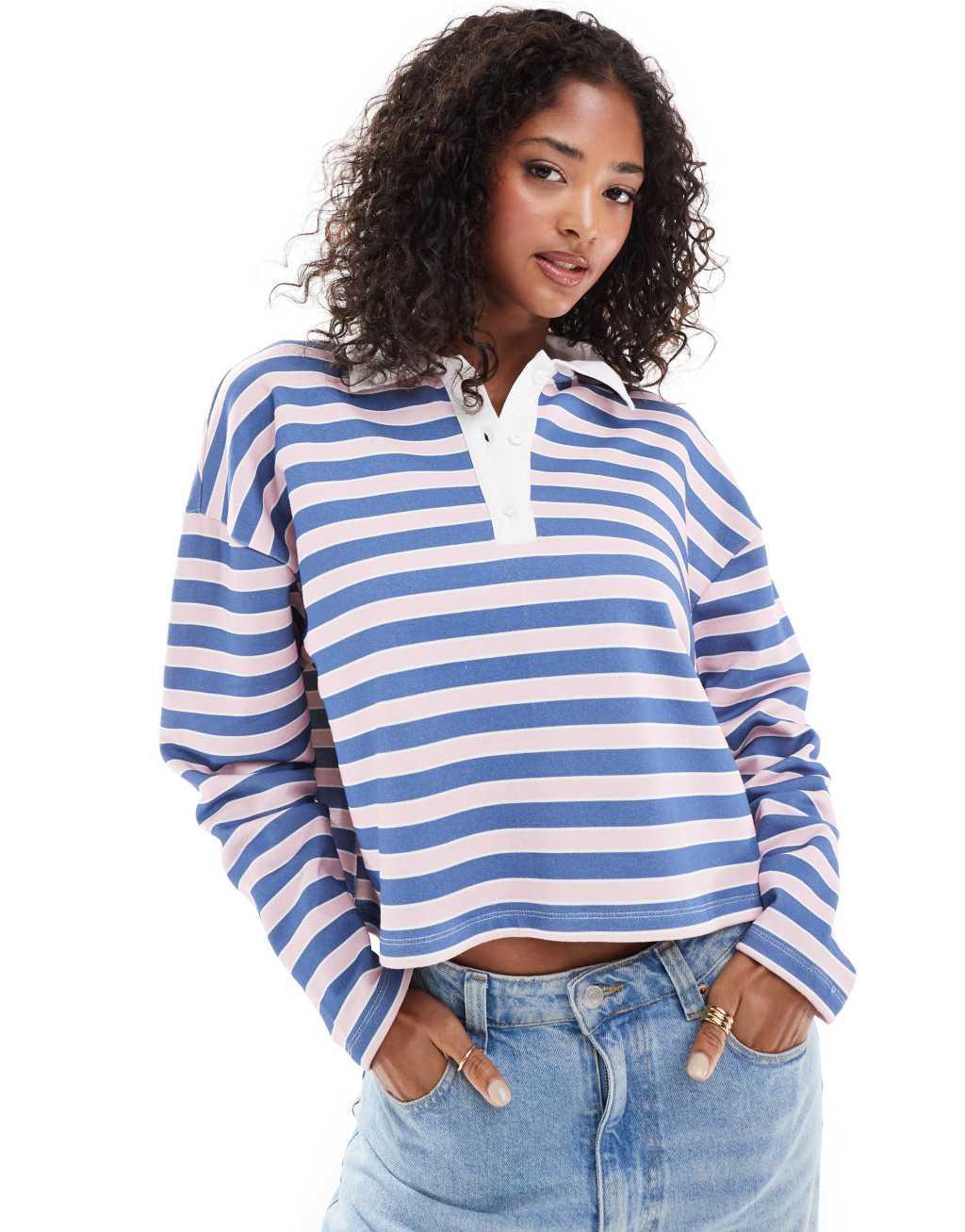 ASOS DESIGN striped rugby sweatshirt polo in pink Product Image