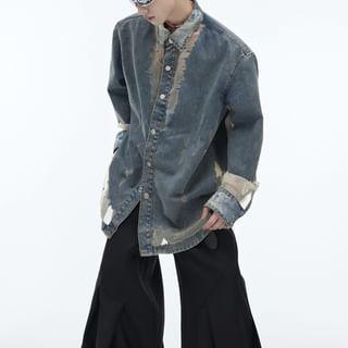 Collared Washed Denim Shirt Jacket Product Image