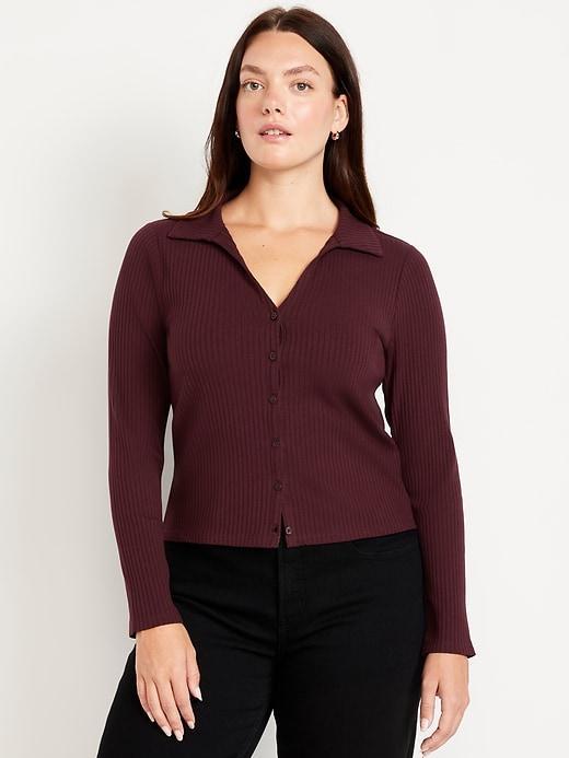 Slim Ribbed Button-Down Top Product Image