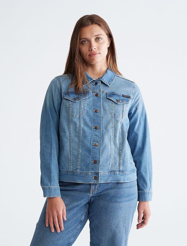 Plus Size Mid Blue Repreve® Denim Trucker Jacket Product Image