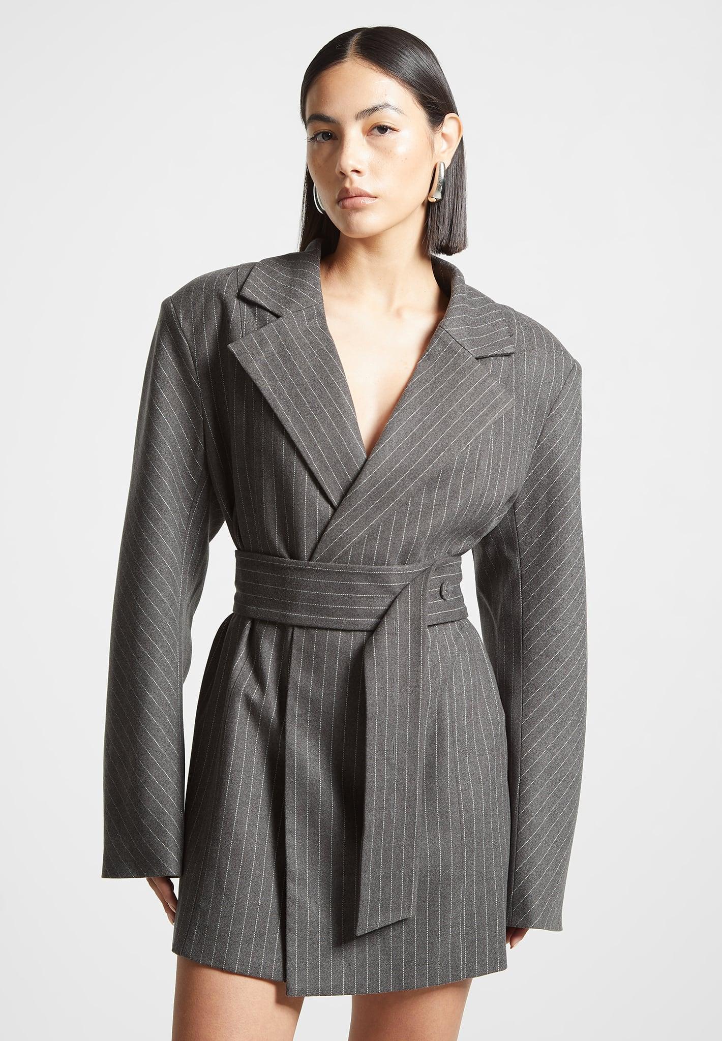 Oversized Pinstripe Blazer Dress - Grey Female Product Image