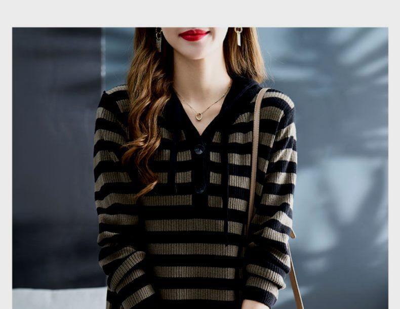 Striped Drawstring Ribbed Knit Hoodie Dress Product Image