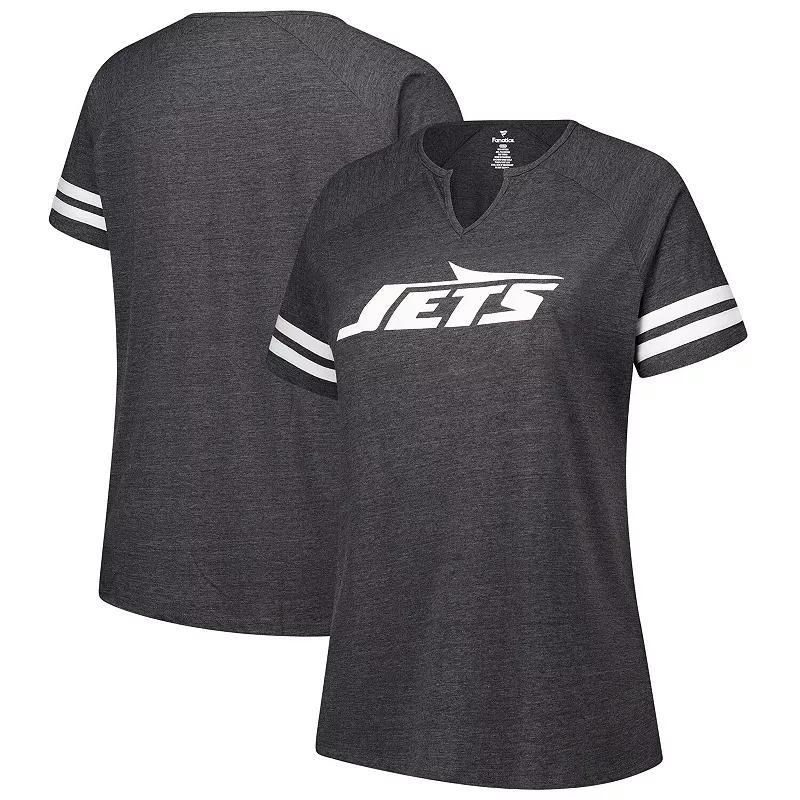 Womens Fanatics Charcoal New York Jets Plus Size Logo Striped Raglan Notch Neck T-Shirt Product Image