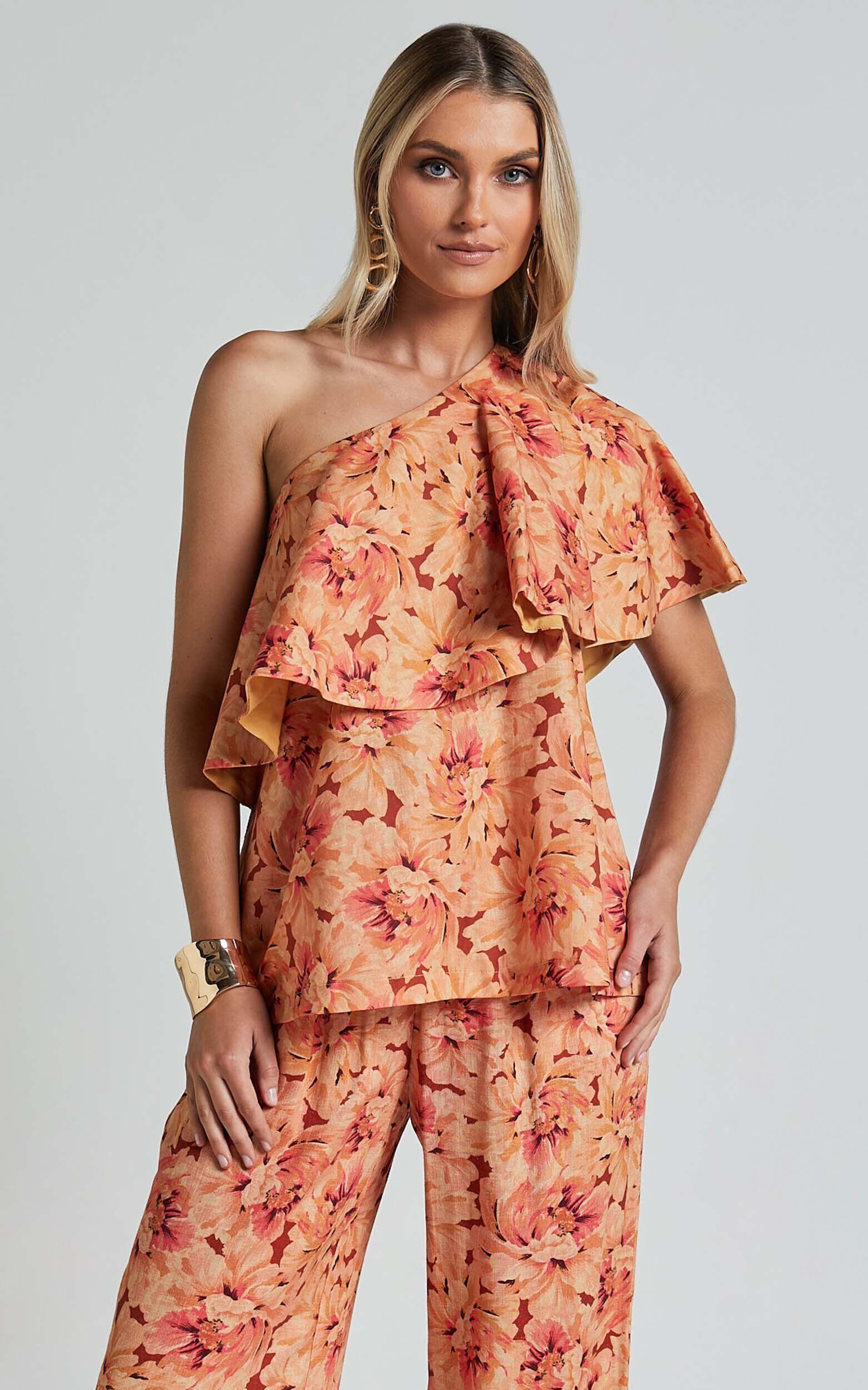 Amalie The Label - Aiko Linen Blend One Shoulder Frill Top in Valencia Print Product Image