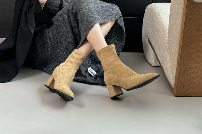 Pointed Toe Faux Suede Block Heel Short Boots Product Image