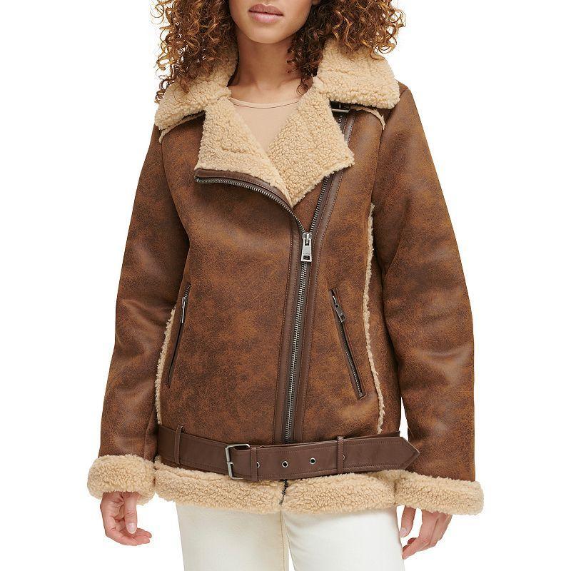 Womens Levis Faux Shearling Moto Jacket Med Brown Product Image