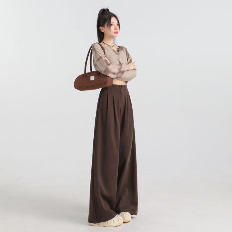 High Rise Plain Wide Leg Slacks Product Image