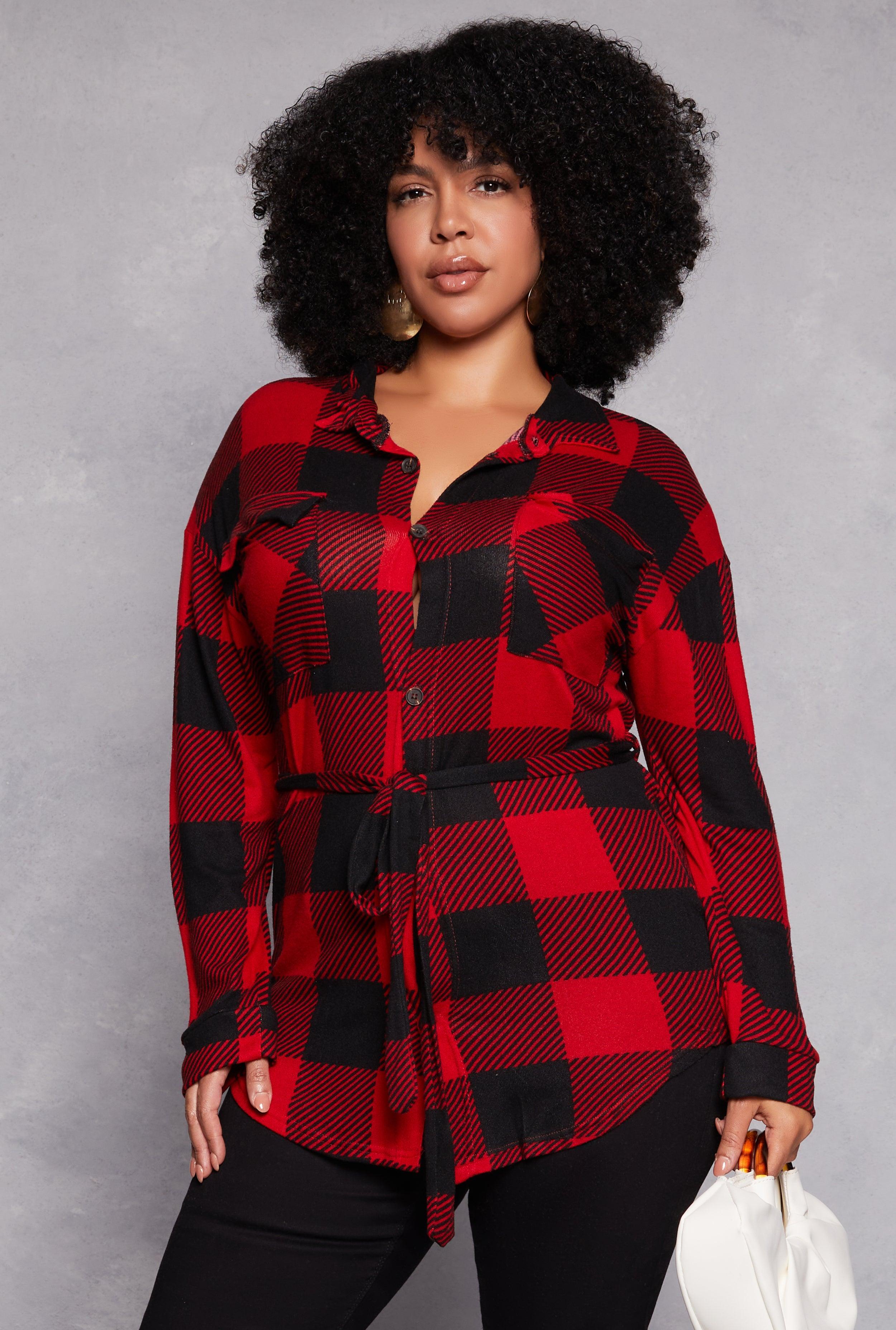 Womens Plus Size Buffalo Plaid Tie Waist Belted Shirt Product Image