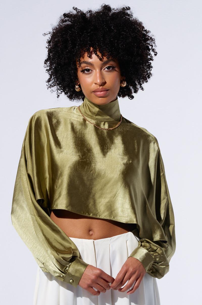 SATIN MOCK NECK BLOUSE IN OLIVE Product Image