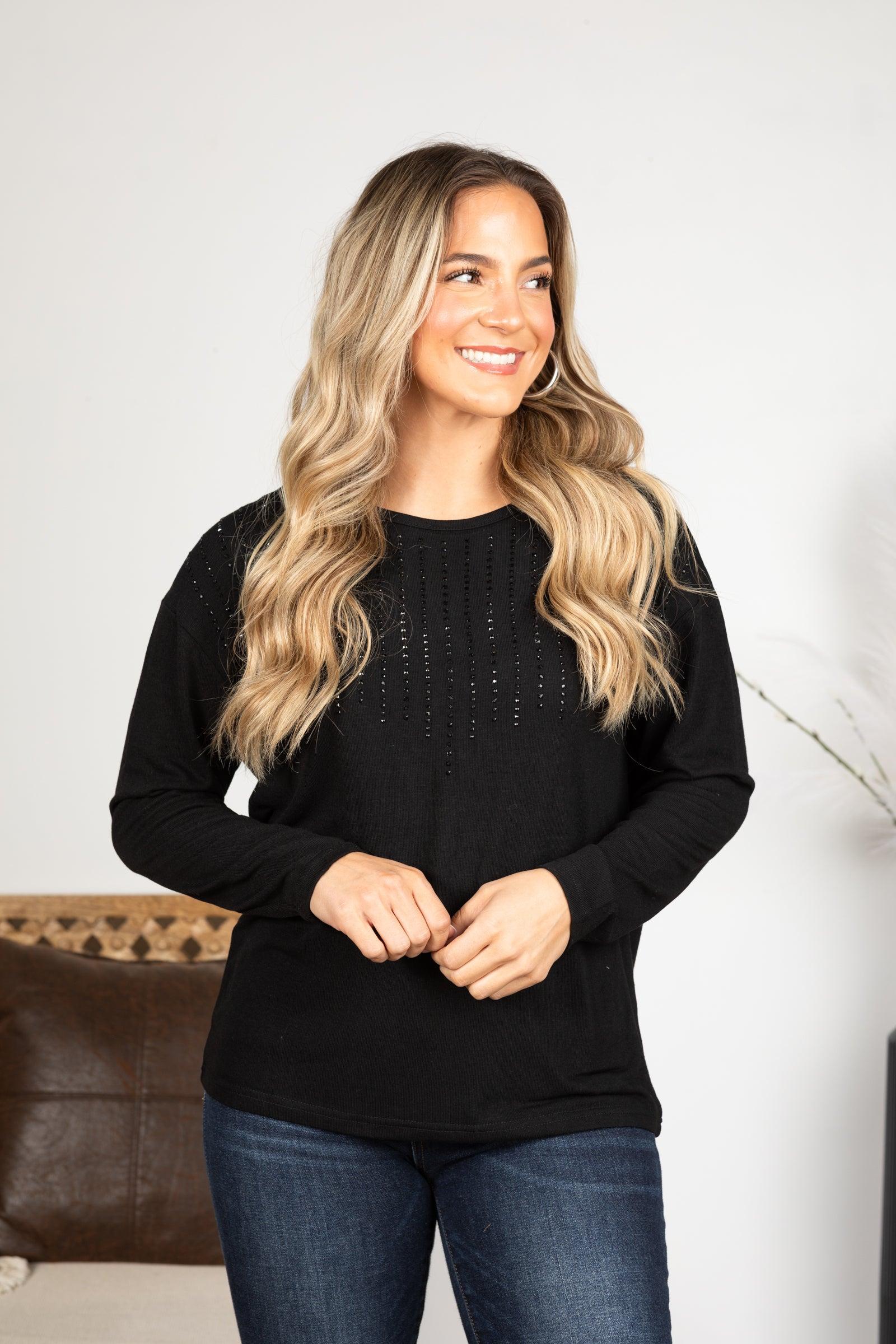 Black Long Sleeve Knit Top With Stones Product Image