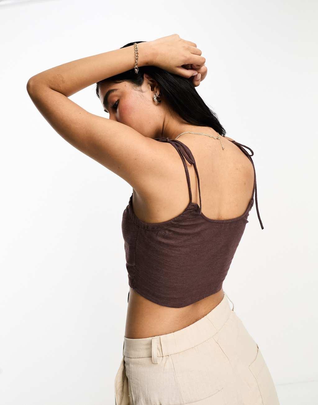 ASOS DESIGN ruched keyhole strappy crop top with tie shoulder detail in chocolate Product Image