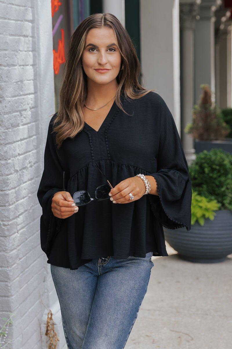 Black Lace Trim Bell Sleeve Blouse - FINAL SALE Female Product Image