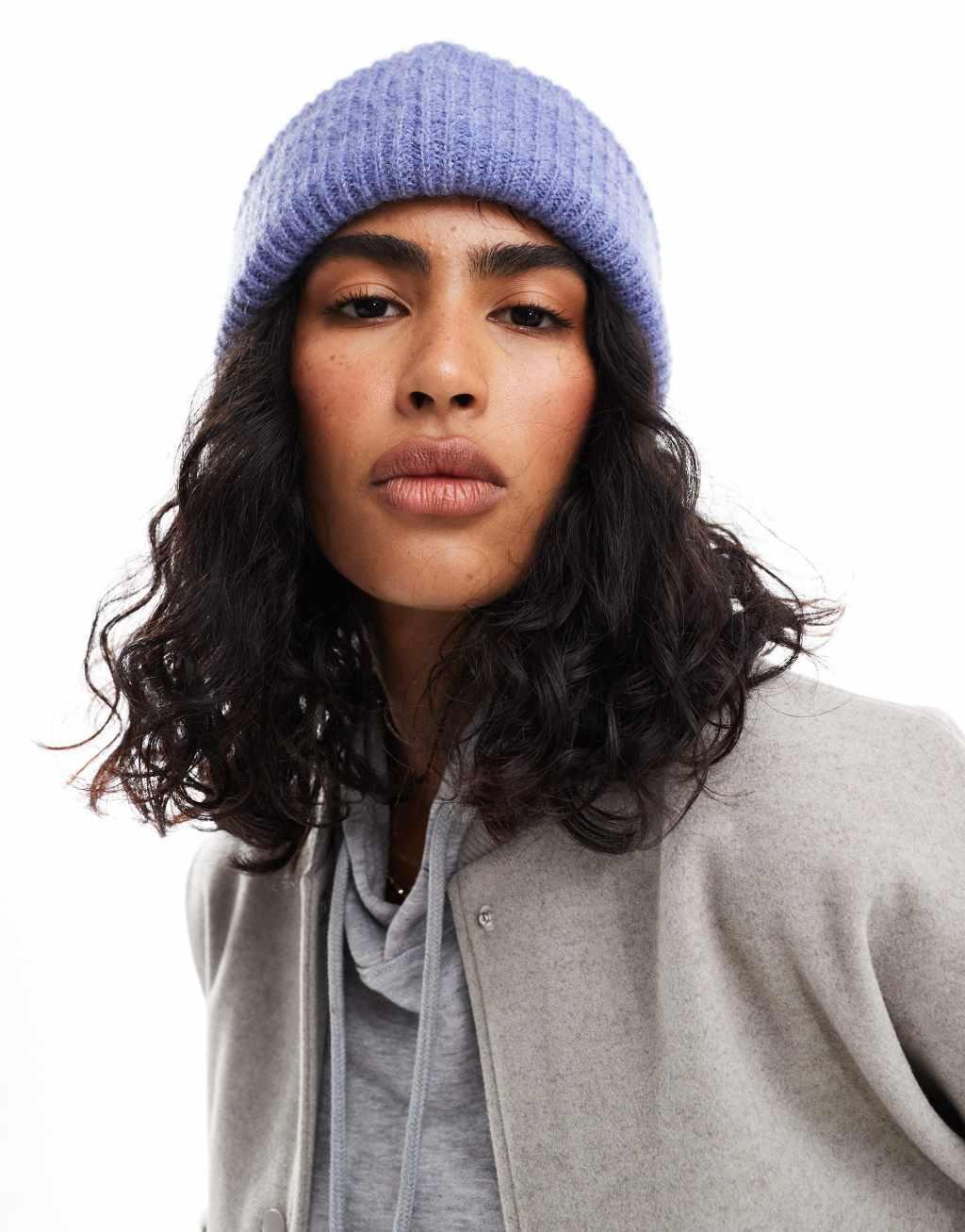 ASOS DESIGN chunky double roll beanie in blue Product Image