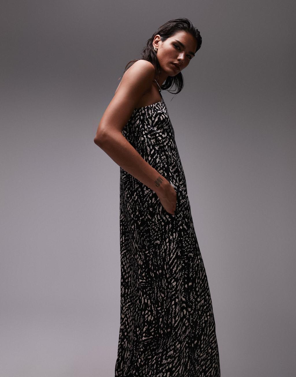 Topshop animal one sleeve maxi dress in mono Product Image