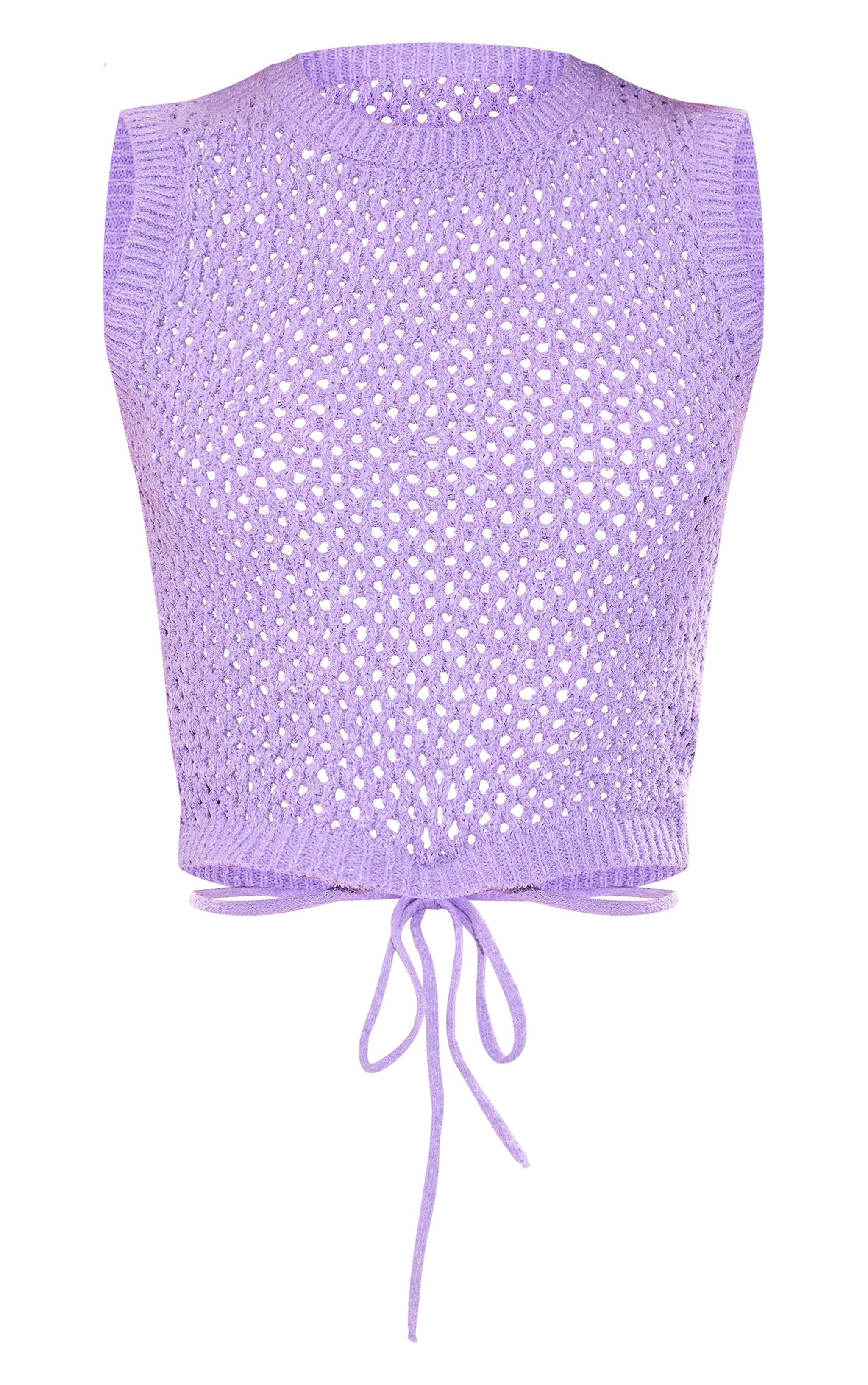 Lilac Textured Crochet Tie Detail Racer Neck Top Product Image