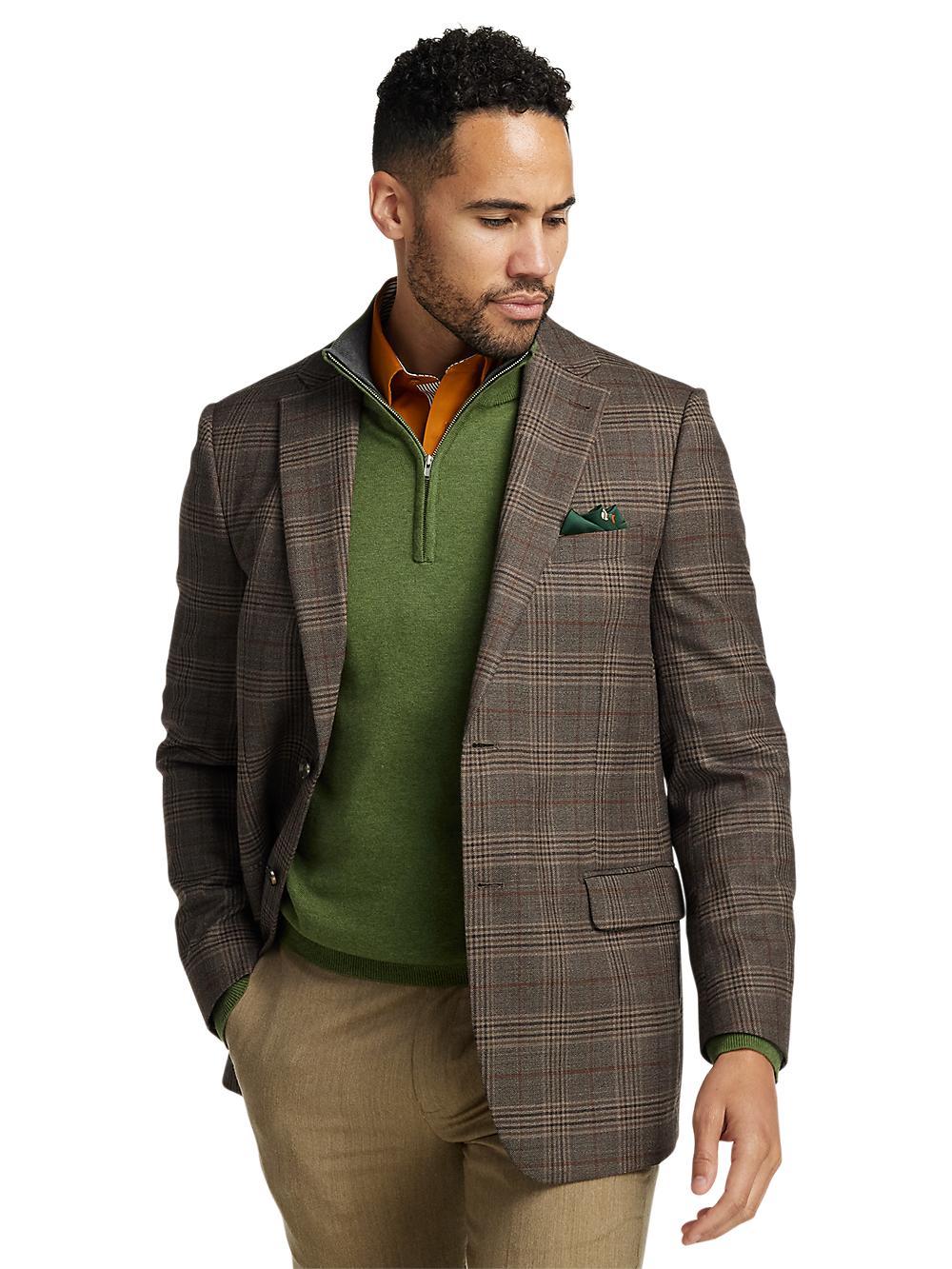 Wool Plaid Single Breasted Notch Lapel Sport Coat - Brown Product Image