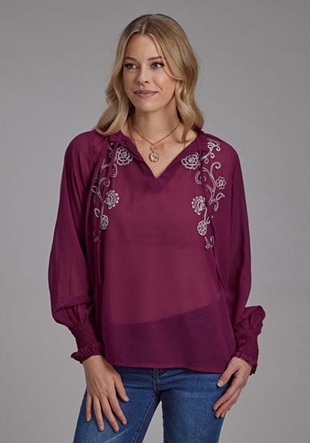 Roper® Ladies' L/S Wine Georgette Embroidered Blouse Product Image