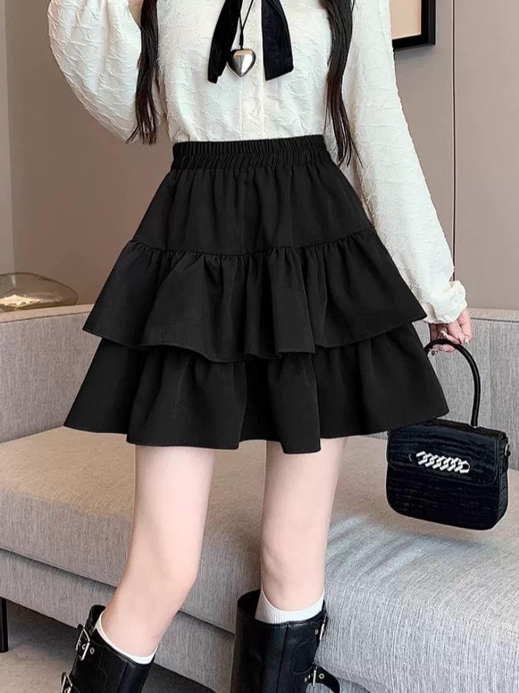 High Waist Plain Ruffle Mini A-Line Tiered Skirt Product Image