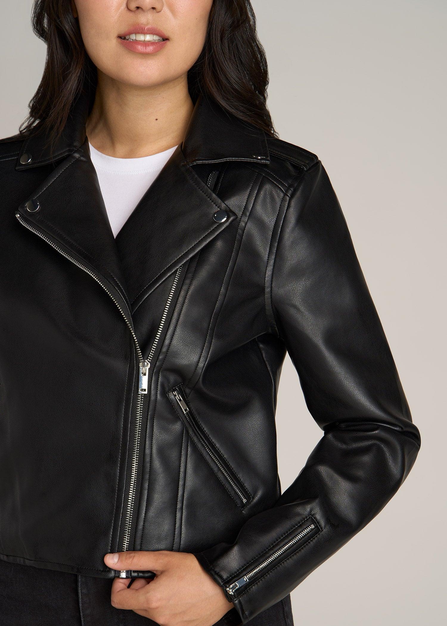 Cropped Faux Leather Moto Jacket for Tall Women in Black Product Image