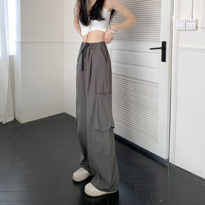 Drawstring Waist Plain Wide Leg Cargo Pants Product Image