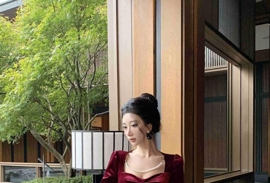 Long Sleeve V-Neck Plain Velvet Ruched Maxi Bodycon Dress Product Image