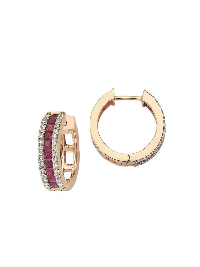 Womens Mondrian 18K Rose Gold, Ruby, & 0.07 TCW Diamond Huggie Hoop Earrings Product Image