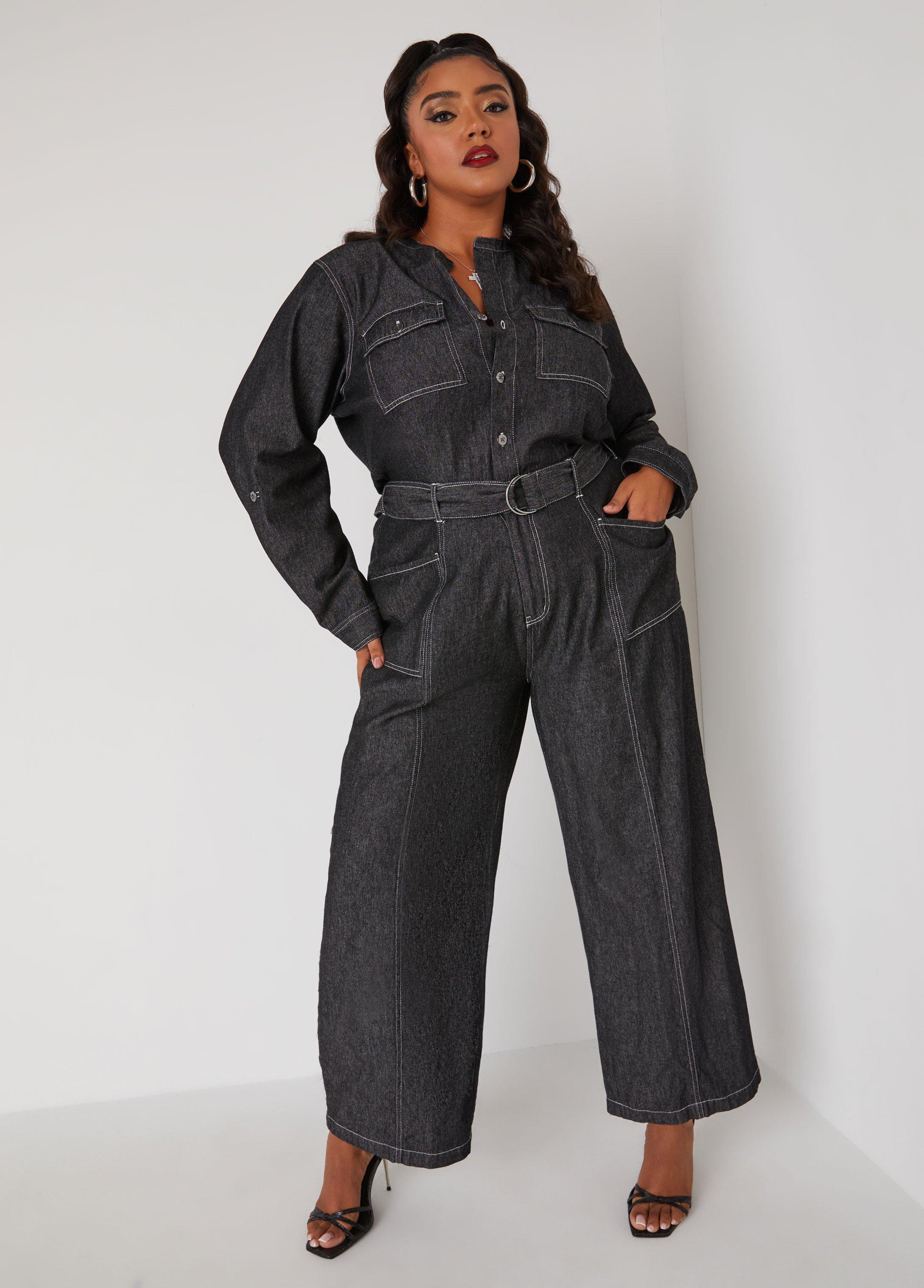 Belted Straight Leg Denim Jumpsuit Product Image