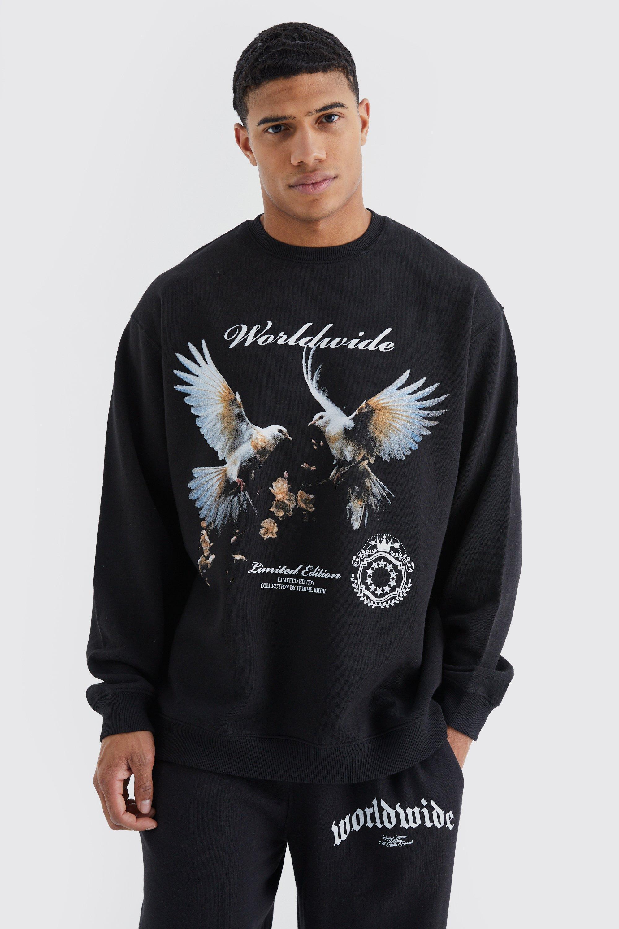 Mens Black Oversized Dove Graphic Sweatshirt, Black Product Image