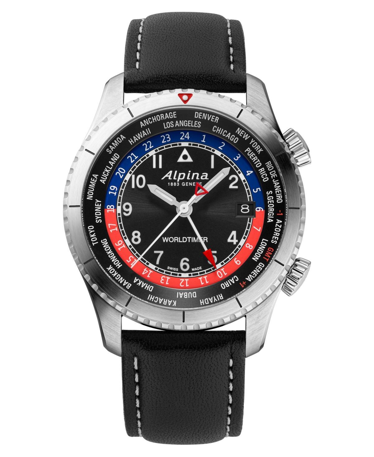 Alpina Mens Swiss Startimer Pilot Black Leather Strap Watch 41mm - Black Product Image