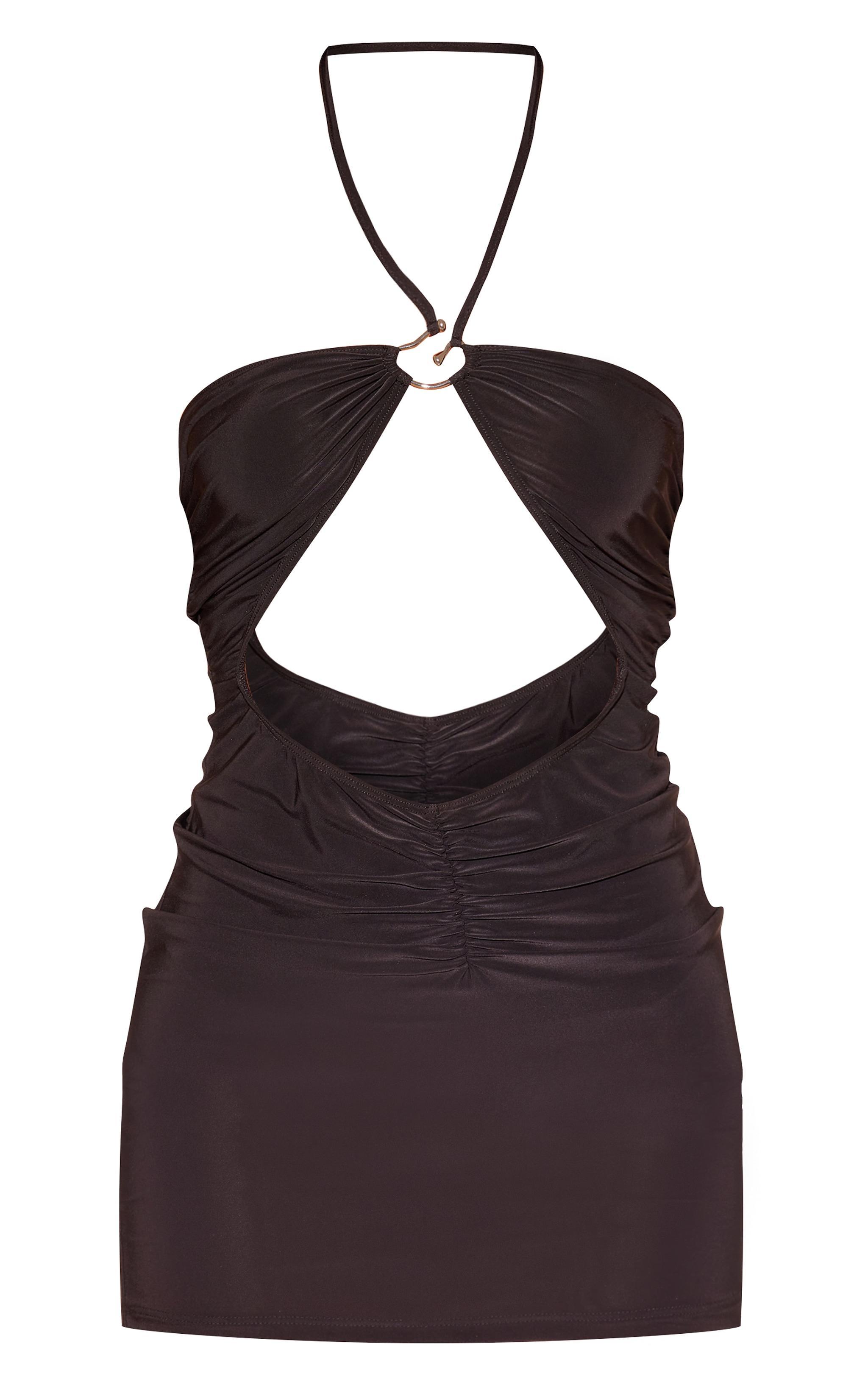 Black Slinky Ring Detail Halter Neck Mini Dress Product Image