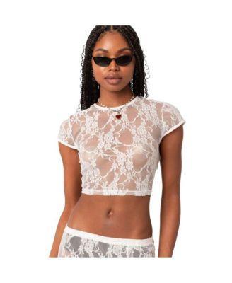 Womens Lace Open Back Cap Sleeve Crop Top Product Image