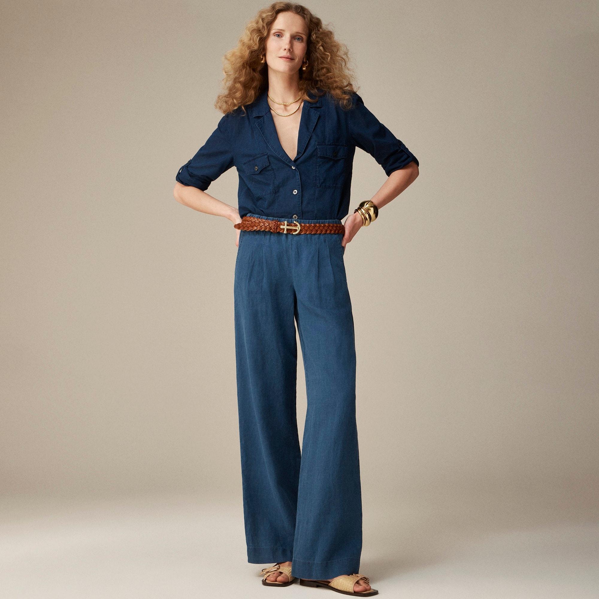 Pleated pull-on pant in indigo linen blend Product Image