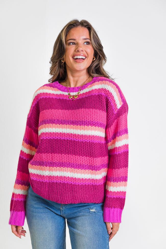 All the Good Magenta Striped Crew Neck Sweater FINAL SALE Product Image