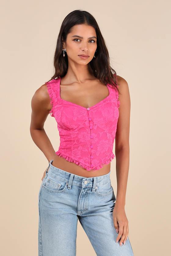 Lasting Cuteness Hot Pink Lace Ruffled Button-Front Crop Top Product Image