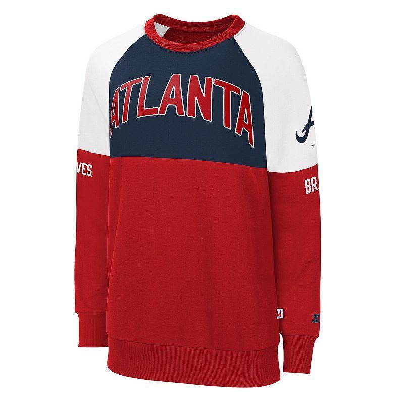 Womens Starter Red/Navy Atlanta Braves Baseline Raglan Pullover Sweatshirt Product Image